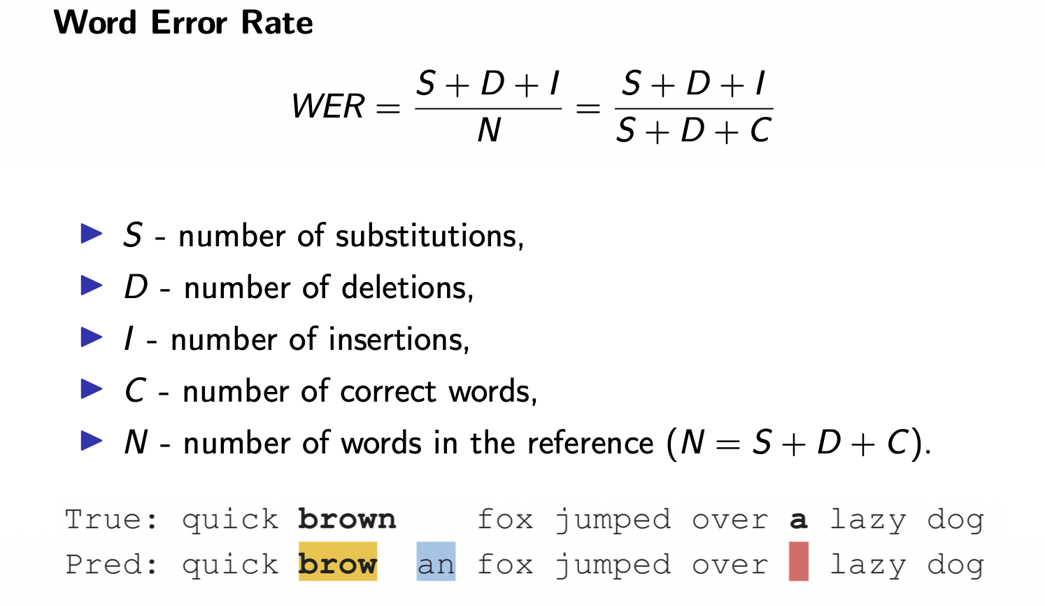 The word error rate formula and an example of substitutions, deletions, and insertions